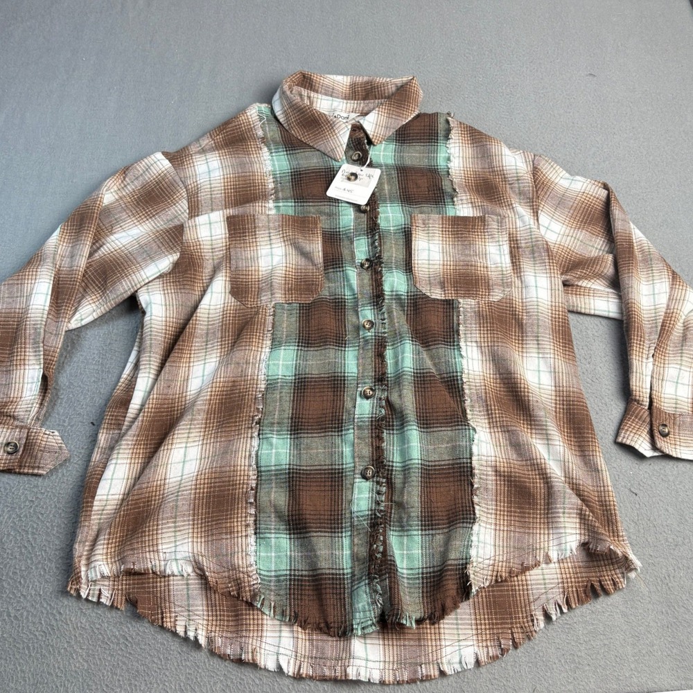 Davi & Dani Plaid Raw Edge Button Up Shirt Brown Teal Colorblock Medium NWT